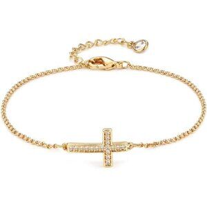 Gold filled cross bracelet dainty chain adjustable CZ minimalist jewelry for wom